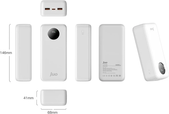 Juo 30000mAh 22.5W Dijital Led Ekranlı Taşınabilir Hızlı Şarj Cihazı Powerbank Beyaz - Resim 2