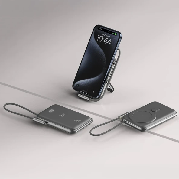 Juo Magsafe Powerbank 10000mAh Standlı 20W Dahili Type-C Kablolu Taşınabilir Hızlı Şarj Cihazı Siyah - Resim 4