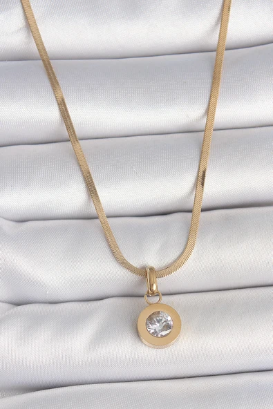 316L Çelik Gold Renk İtalyan Zincir Sallantı Zirkon Taş Model Kadın Kolye - TJ-BKO10124