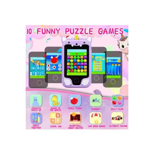 Çocuklar İçin Eğitici Telefon Dokunmatik Ekran Çift Kameralı Fenerli Müzik Çalar Oyun Video Mor - 3