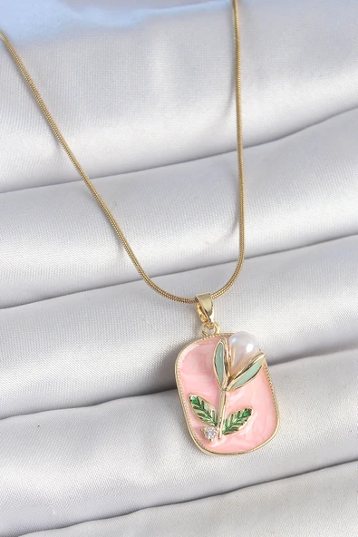 316L Çelik Gold Renk Zincir Pembe Mineli İncili Çiçek İşlemeli Portre Model Kadın Kolye - TJ-BKO10178