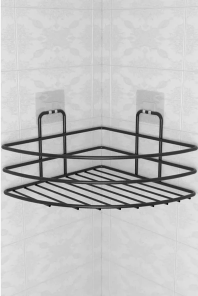 BUFFER® Kendiliğinden Yapışkanlı Montaj Gerektirmeyen Tek Katlı Banyo Askı Köşe Şampuanlık Siyah - 8
