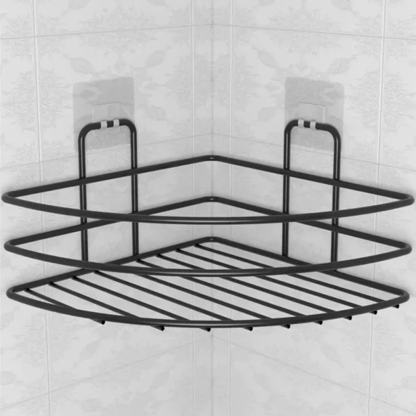 BUFFER® Kendiliğinden Yapışkanlı Montaj Gerektirmeyen Tek Katlı Banyo Askı Köşe Şampuanlık Siyah - 3