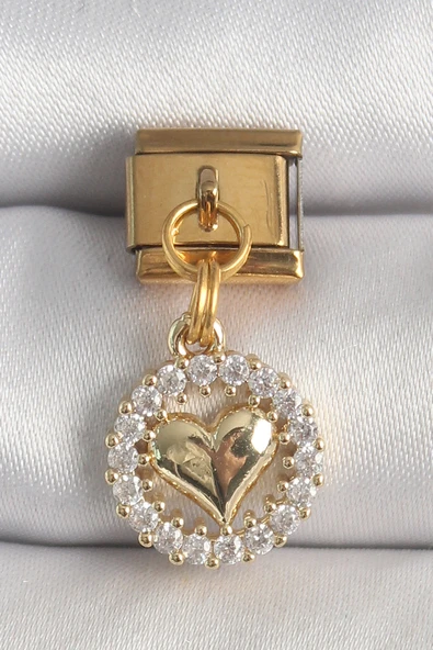 316L Çelik Gold Renk Sallantı Zirkon Taşlı Kalp Model Nomination Charm - TJ-BC1367