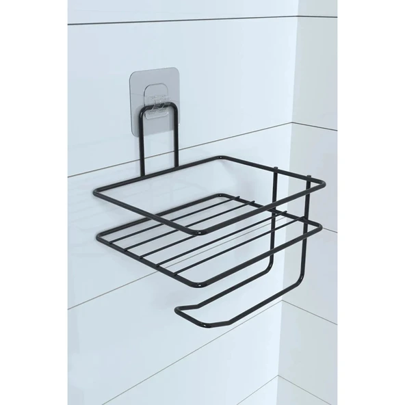 BUFFER® Kendiliğinden Yapışkanlı Tuvalet Kağıdı Tutacağı ve Yedek Raf - Siyah Modern Metal Tasarım - 7