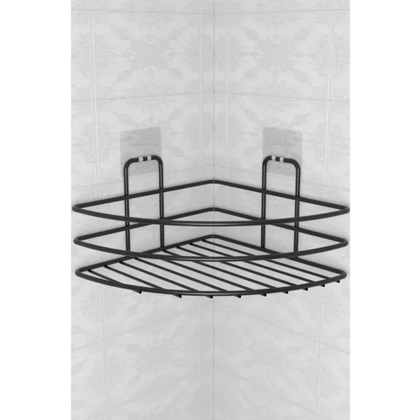 BUFFER® Kendiliğinden Yapışkanlı Montaj Gerektirmeyen Tek Katlı Banyo Askı Köşe Şampuanlık Siyah - 8