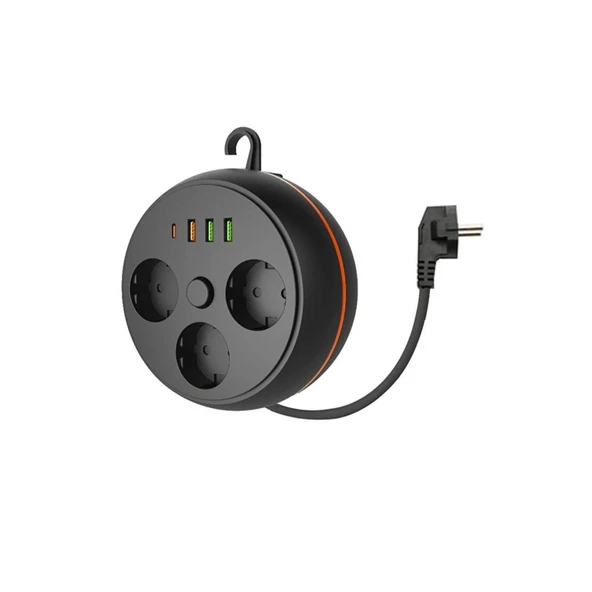BUFFER® 3 Adet Soket,3 Adet USB ve 1 Adet Type-C Girişli Termal Akım Korumalı Makaralı Priz 3395 - 2
