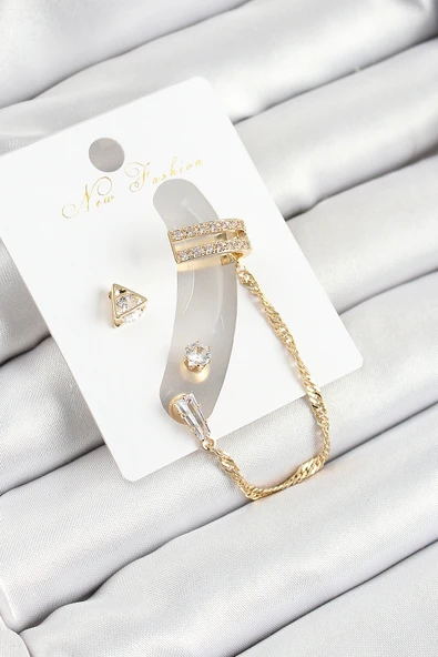 Pirinç Üçgen Figürlü Zirkon Taşlı Gold Renk 3'lü Kıkırdak Kadın Küpe Set - TJ-BKP10668