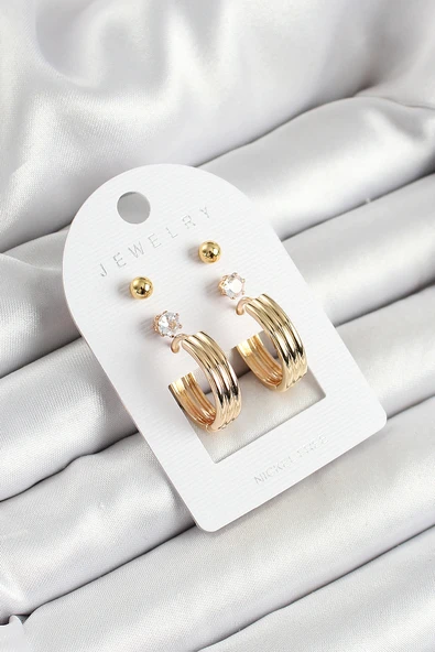 Pirinç Zirkon Taş Ve Halka Figürlü Gold Renk 3'lü Çift Kadın Küpe Set - TJ-BKP10655