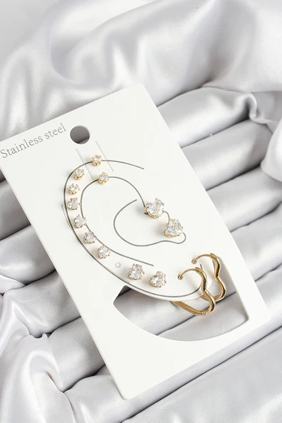 316L Çelik Kalp Figürlü Ve Zirkon Taşlı Gold Renk 7'li Çift Kadın Küpe Set - TJ-BKP10643