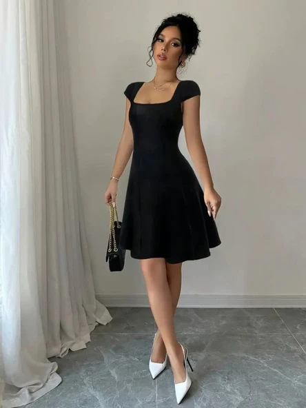 Lucky Life Kadın Kısa Kollu Geometrik Yakalı Janjan Krep Elbise - Resim 3