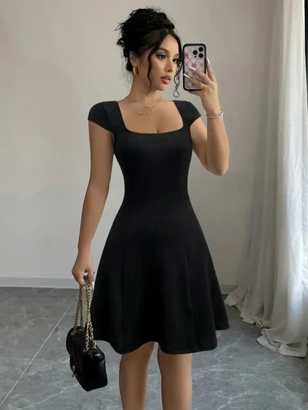 Lucky Life Kadın Kısa Kollu Geometrik Yakalı Janjan Krep Elbise - Resim 8