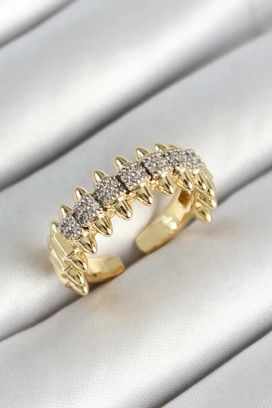 Pirinç Kurşun Figürlü Zirkon Taşlı Gold Renk Ayarlanabilir Kadın Yüzük - TJ-BYK3790