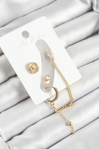 Pirinç Halka Figürlü Zirkon Taşlı Gold Renk 3'lü Kıkırdak Kadın Küpe Set - TJ-BKP10671