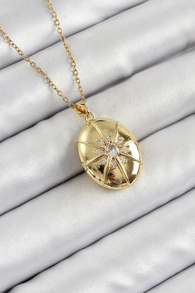 316L Çelik Zincir Açılabilir Madalyon Model Zirkon Taşlı Gold Renk Kadın Kolye - TJ-BKO10264
