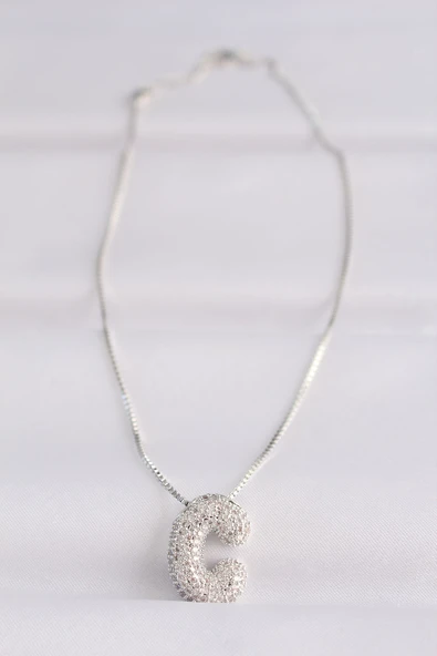 316L Çelik Zincirli Zirkon Taşlı C Harfli Silver Renk Bubble Kolye - TJ-BKO8579 - 2