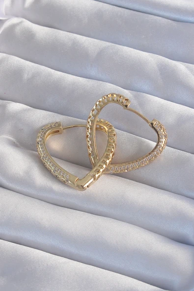 Pirinç Gold Renk Zirkon Taşlı Motifli Kalp Küpe - TJ-BKP9285 - 2