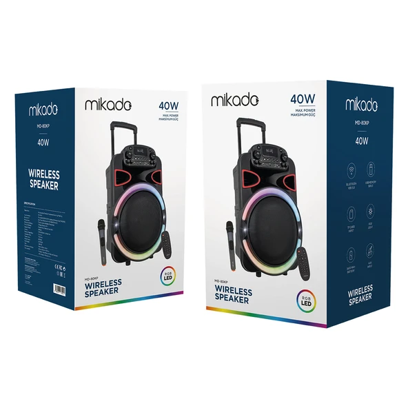 Mikado MD-80KP 40W 7.4W 3600mAh Bataryalı Siyah 1 UHF UV Mikrofonlu USB/BT/TF/TWS/AUX 9V 2A Adaptörlü Toplantı-Parti - 5