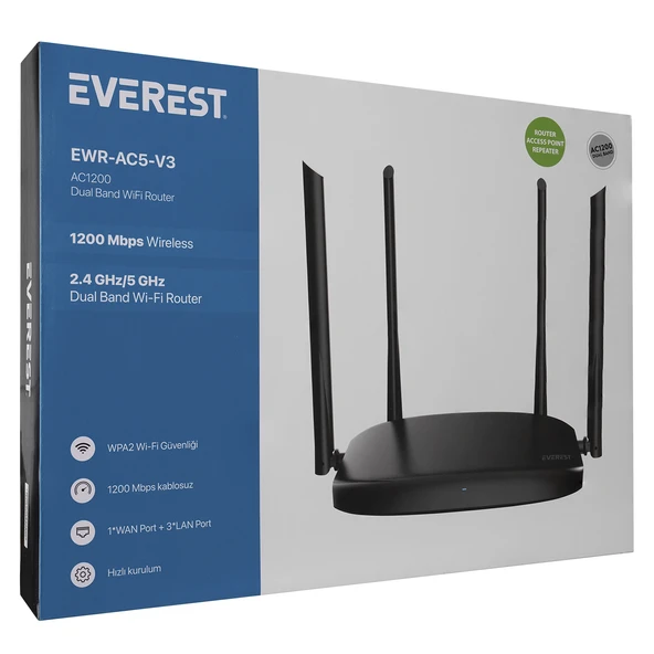 Everest EWR-AC5-V3 AC1200Mbps DualBand 4*6dBi Anten WISP+AP+Repeater Destekli Kablosuz Wifi Router - 5