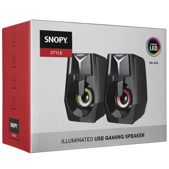 Snopy SN-X22 STYLE 2.0 Multimedia Led Işıklı 3W*2 Siyah USB Gaming Speaker Hoparlör - 4