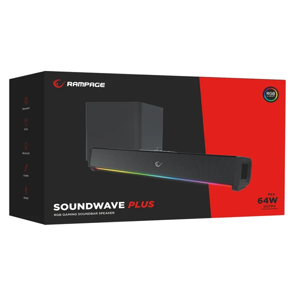 Rampage RM-1 SoundWave Plus Siyah Total 64W 16V/4.06A BT+USB+AUX+TF Kartlı Gaming Soundbar Speaker - 6