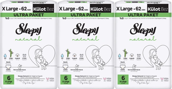 Sleepy Külot Bebek Bezi Natural Beden:6 (15-25KG) Extra Large 186 Adet Aylık Ultra Pk