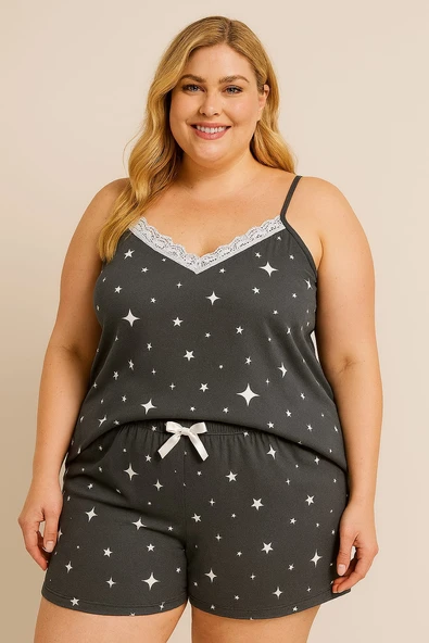 KADIN Büyük Beden İp Askılı Bluz ve Şortlu Alt Üst Pijama - GENİŞ KESİM - FÜME - 3