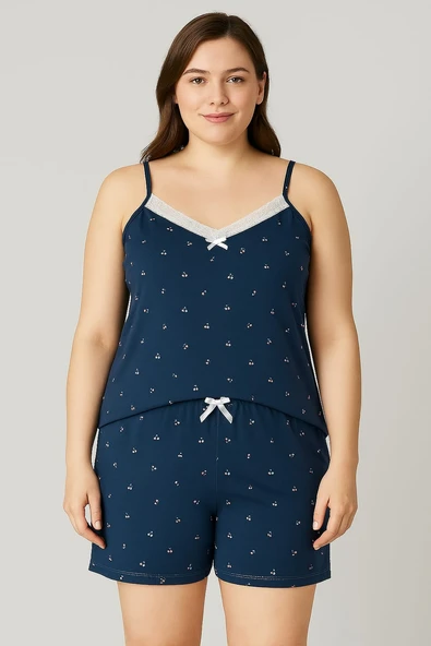 KADIN Büyük Beden İp Askılı Bluz ve Şortlu Alt Üst Pijama - GENİŞ KESİM - PETROL MAVİSİ - 2