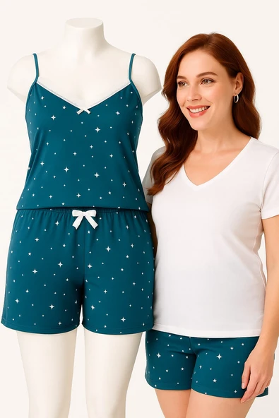 KADIN Büyük Beden İp Askılı Bluz ve Şortlu Alt Üst Pijama - GENİŞ KESİM - HAKİ