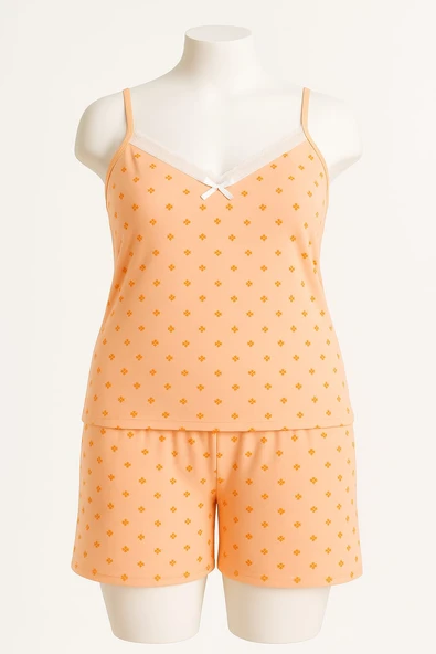 KADIN Büyük Beden İp Askılı Bluz ve Şortlu Alt Üst Pijama - GENİŞ KESİM - TURUNCU - 4