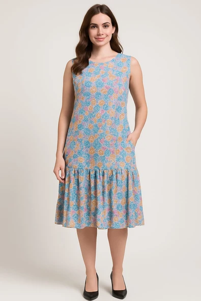 Kadın Çiçek Desenli Kolsuz rahat kalıp Bürümcük Elbise - 4