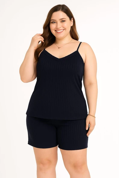 KADIN Büyük Beden İp Askılı Bluz ve Şortlu Alt Üst Pijama Takımı