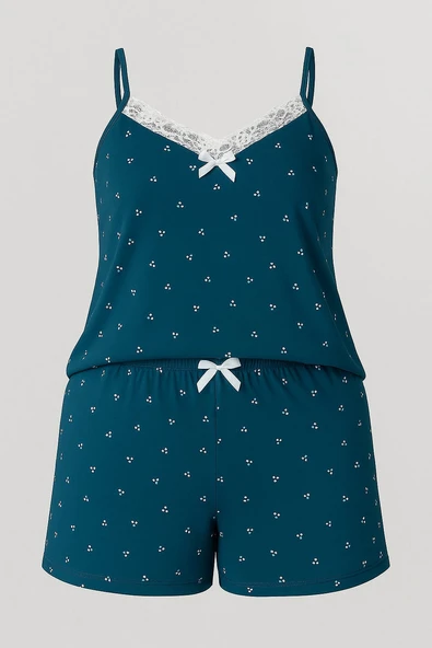 KADIN Büyük Beden İp Askılı Bluz ve Şortlu Alt Üst Pijama - GENİŞ KESİM - PETROL MAVİSİ - Resim 5
