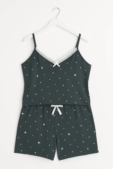 KADIN Büyük Beden İp Askılı Bluz ve Şortlu Alt Üst Pijama - GENİŞ KESİM - FÜME - 5