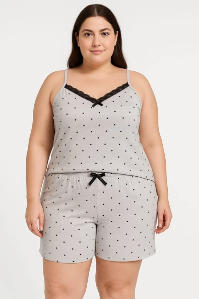 KADIN Büyük Beden İp Askılı Bluz ve Şortlu Alt Üst Pijama - GENİŞ KESİM - GRİ - 2