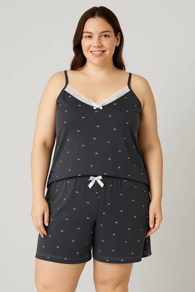 KADIN Büyük Beden İp Askılı Bluz ve Şortlu Alt Üst Pijama - GENİŞ KESİM -ANTRASİT - 3