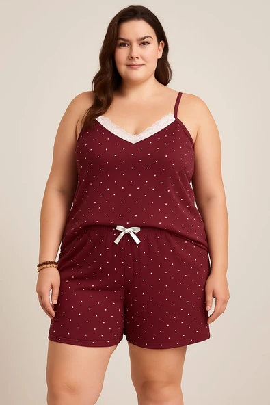 KADIN Büyük Beden İp Askılı Bluz ve Şortlu Alt Üst Pijama - GENİŞ KESİM - BORDO - 2