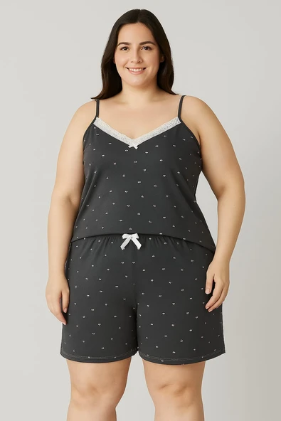 KADIN Büyük Beden İp Askılı Bluz ve Şortlu Alt Üst Pijama - GENİŞ KESİM -ANTRASİT - 4