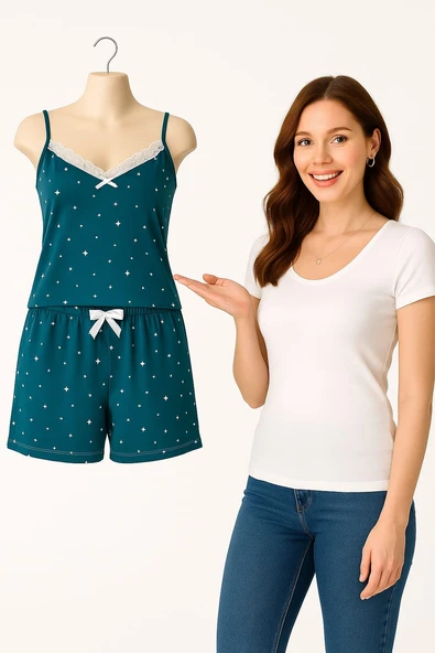 KADIN Büyük Beden İp Askılı Bluz ve Şortlu Alt Üst Pijama - GENİŞ KESİM - HAKİ - 2