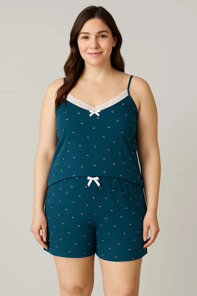 KADIN Büyük Beden İp Askılı Bluz ve Şortlu Alt Üst Pijama - GENİŞ KESİM - PETROL MAVİSİ