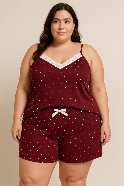 KADIN Büyük Beden İp Askılı Bluz ve Şortlu Alt Üst Pijama - GENİŞ KESİM - BORDO - 3