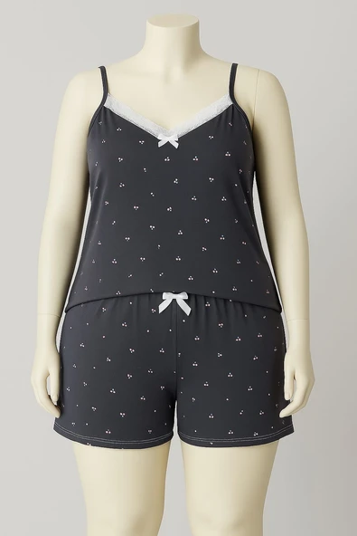 KADIN Büyük Beden İp Askılı Bluz ve Şortlu Alt Üst Pijama - GENİŞ KESİM -ANTRASİT - 5