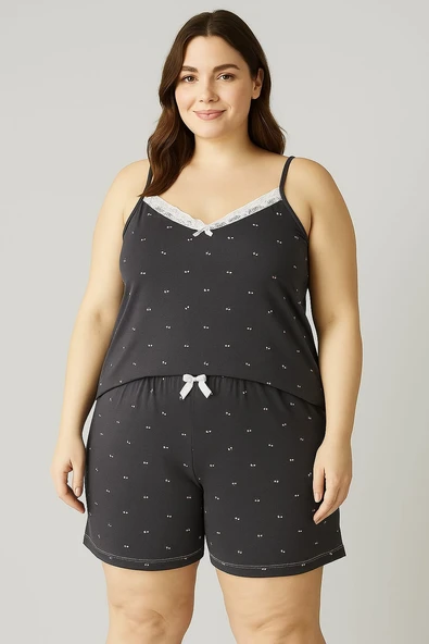 KADIN Büyük Beden İp Askılı Bluz ve Şortlu Alt Üst Pijama - GENİŞ KESİM -ANTRASİT - 2