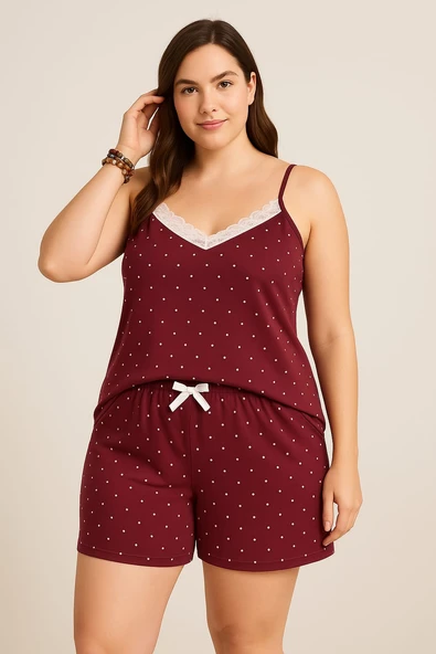 KADIN Büyük Beden İp Askılı Bluz ve Şortlu Alt Üst Pijama - GENİŞ KESİM - BORDO