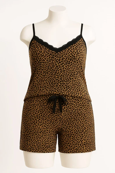 KADIN Büyük Beden İp Askılı Bluz ve Şortlu Alt Üst Pijama - GENİŞ KESİM - KAHVERENGİ LEOPAR - 6