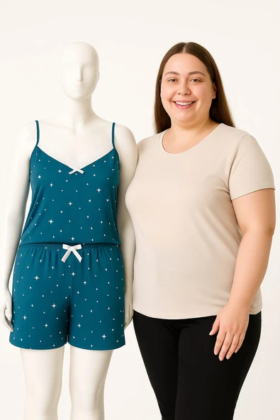 KADIN Büyük Beden İp Askılı Bluz ve Şortlu Alt Üst Pijama - GENİŞ KESİM - HAKİ - 3