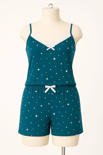 KADIN Büyük Beden İp Askılı Bluz ve Şortlu Alt Üst Pijama - GENİŞ KESİM - HAKİ - 4