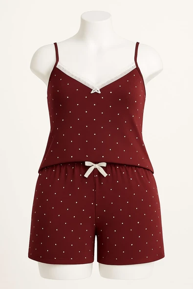 KADIN Büyük Beden İp Askılı Bluz ve Şortlu Alt Üst Pijama - GENİŞ KESİM - BORDO - 5