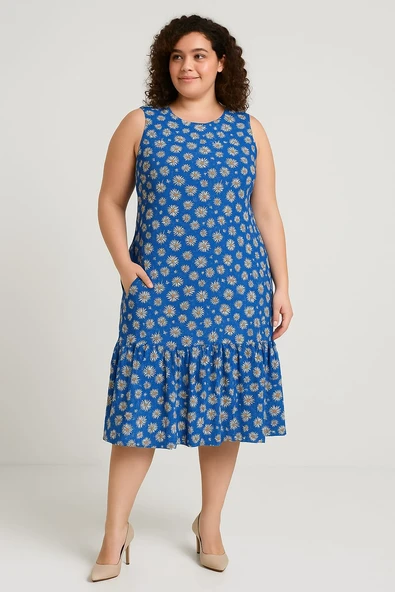 Kadın Çiçek Desenli Kolsuz rahat kalıp Bürümcük Elbise - 7