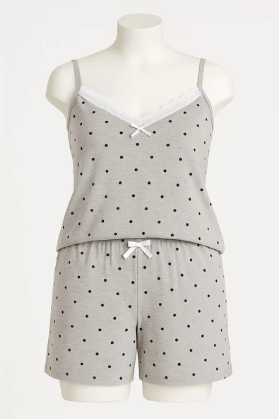 KADIN Büyük Beden İp Askılı Bluz ve Şortlu Alt Üst Pijama - GENİŞ KESİM - GRİ - 4